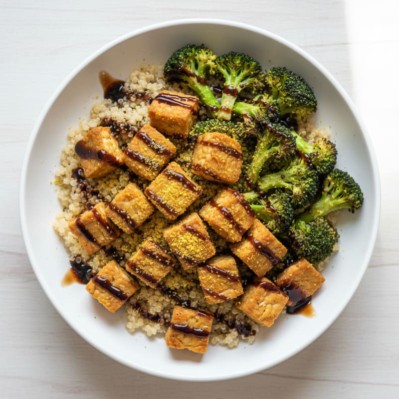 Crispy Tempeh Power Bowl with Quinoa and Roasted Broccoli