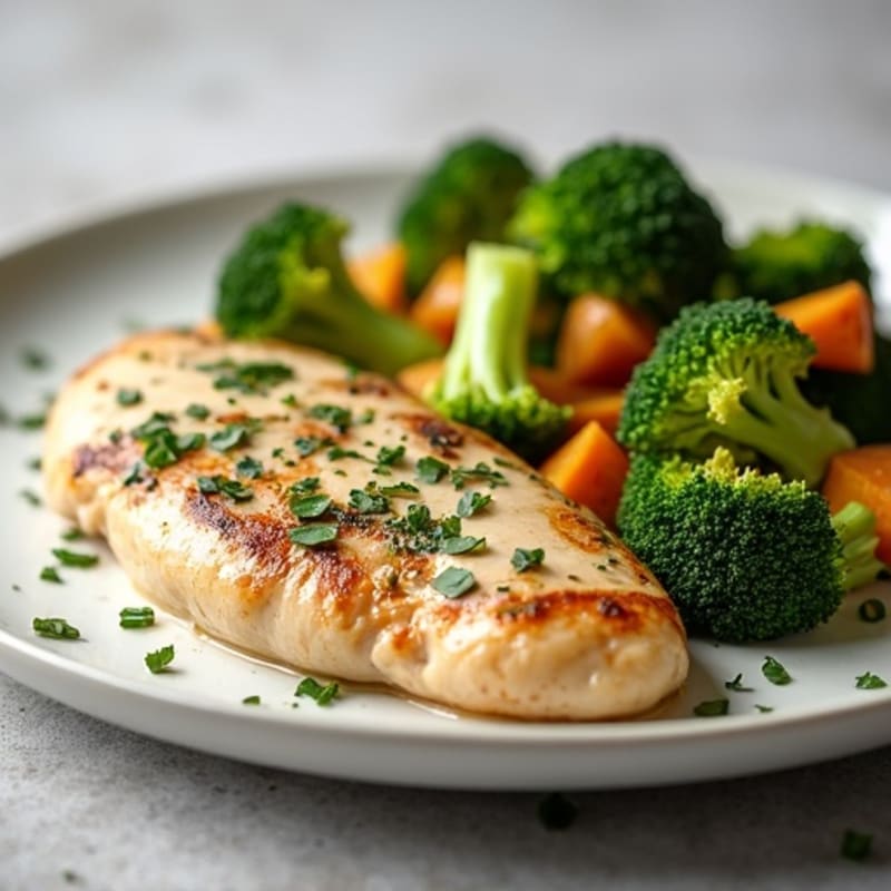 Creamy Herb Chicken with Roasted Sweet Potatoes and Broccoli