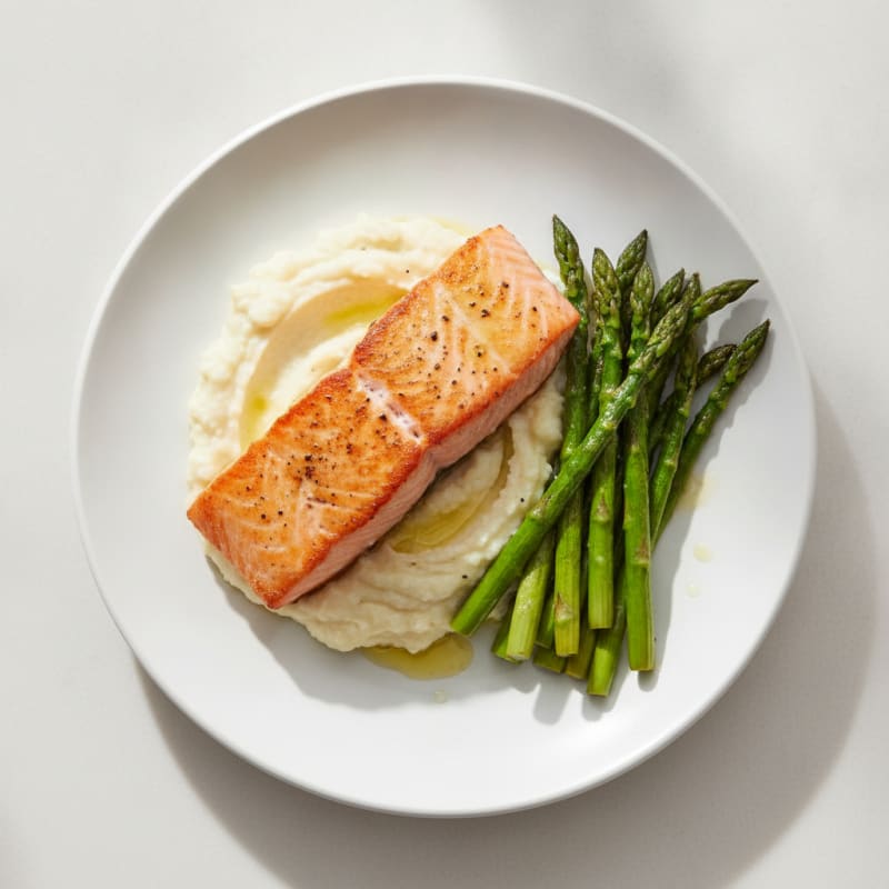 Seared Salmon with Roasted Asparagus and Cauliflower Mash