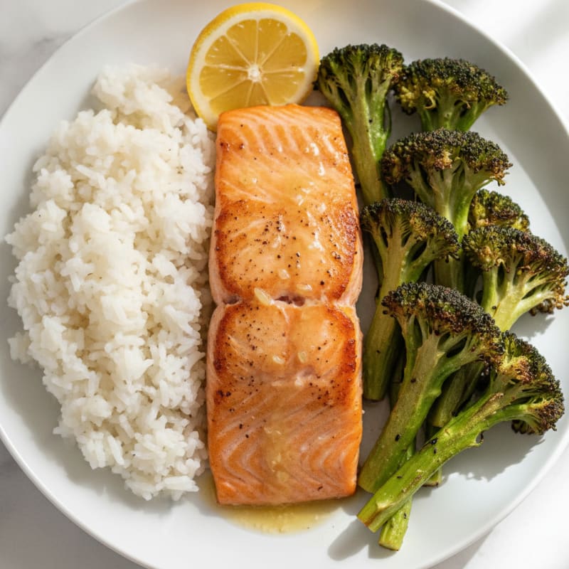 Seared Salmon with Steamed Rice and Roasted Broccoli