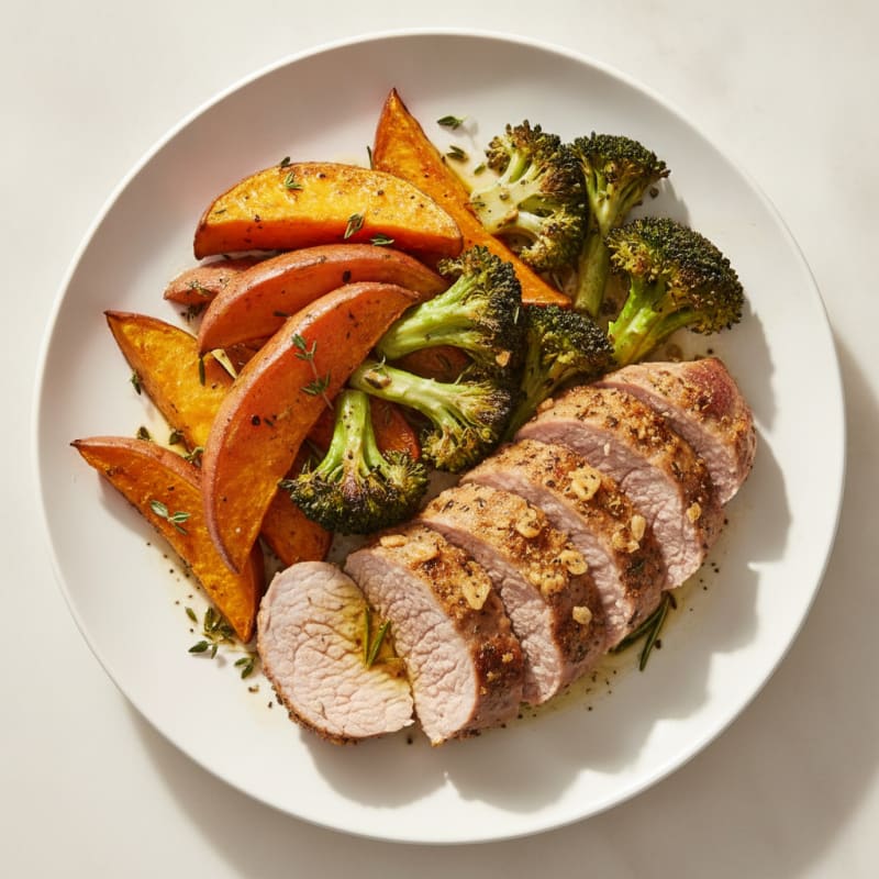 Herb-Roasted Pork Tenderloin with Roasted Sweet Potato and Broccoli