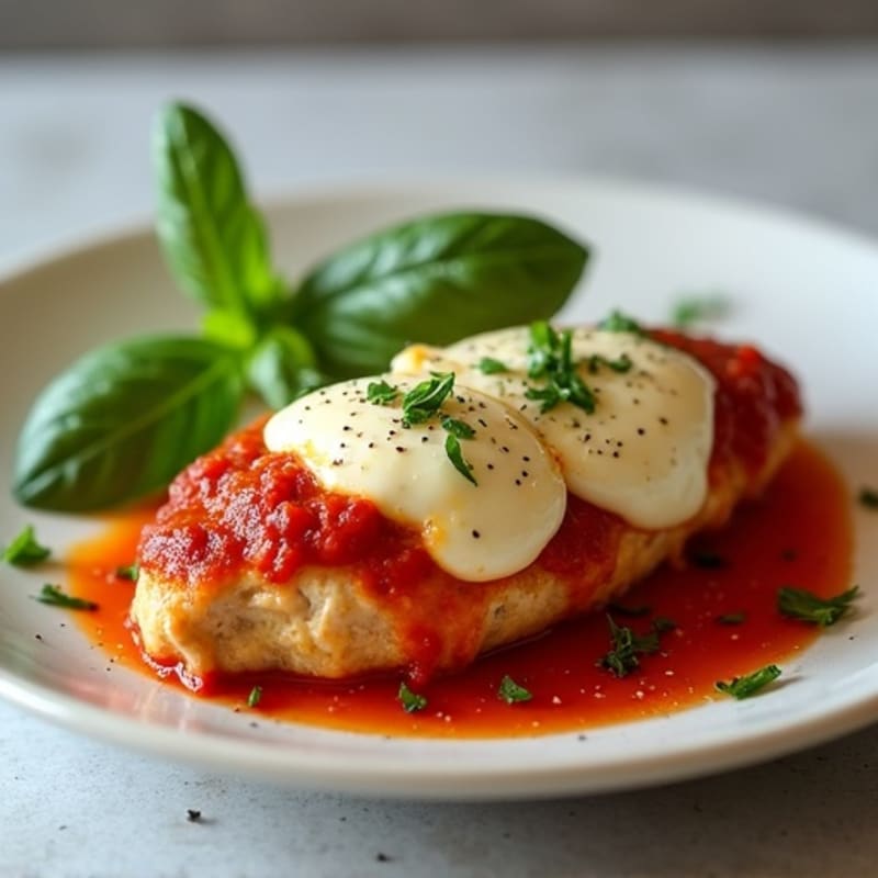 Juicy Baked Chicken with Melted Mozzarella, Rich Tomato Sauce, and Fresh Basil