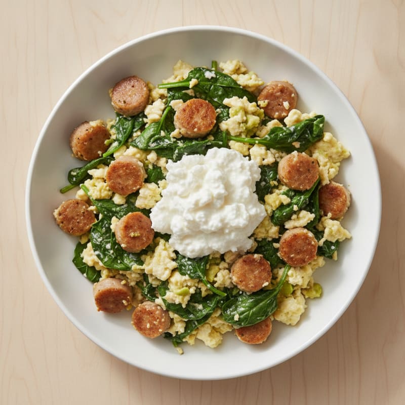 Egg White and Turkey Sausage Scramble with Spinach and Cottage Cheese