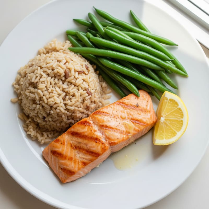 Seared Salmon with Steamed Green Beans and Brown Rice