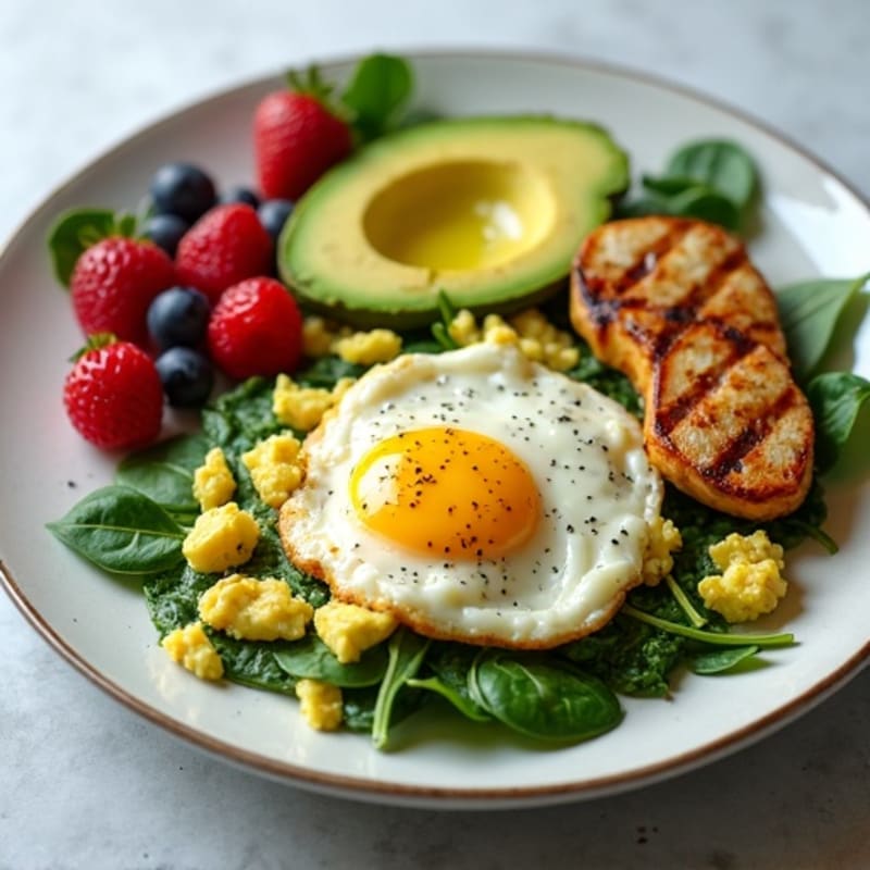 Egg White and Spinach Scramble with Grilled Chicken and Fresh Berries