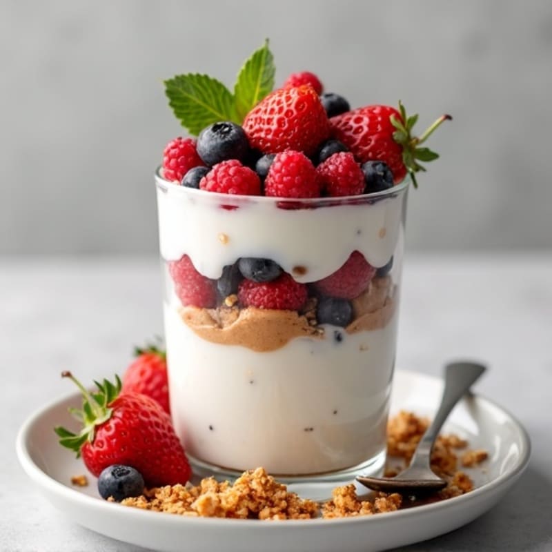 Greek Yogurt Parfait with Mixed Berries, Almond Butter, and Chia Seeds