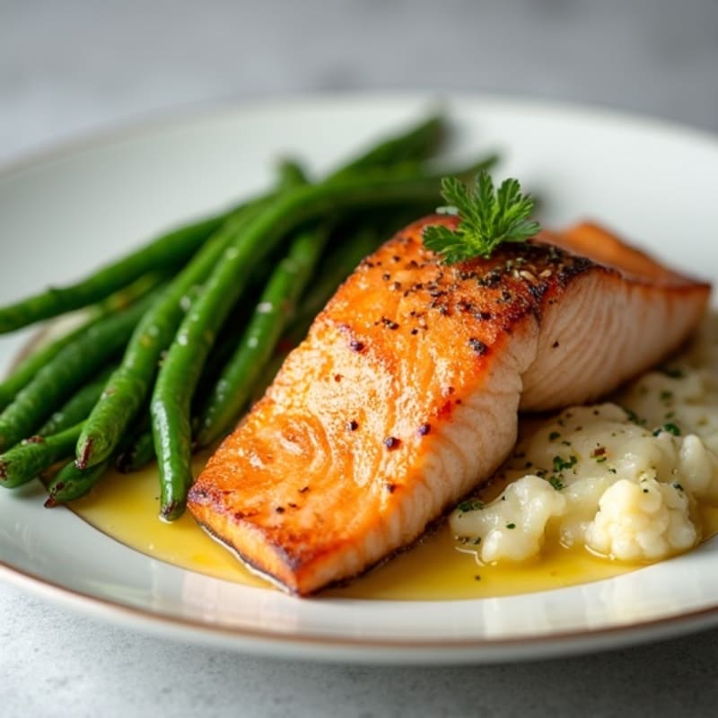 Seared Salmon with Steamed Green Beans and Cauliflower Mash