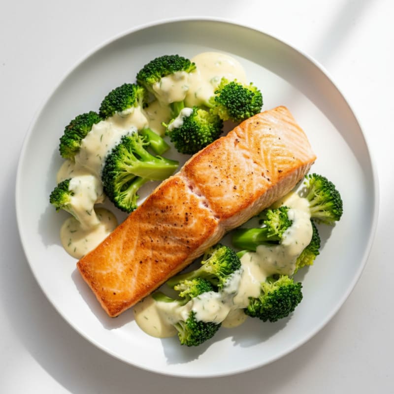 Pan-Seared Salmon with Steamed Broccoli and Lemon-Dill Yogurt Sauce
