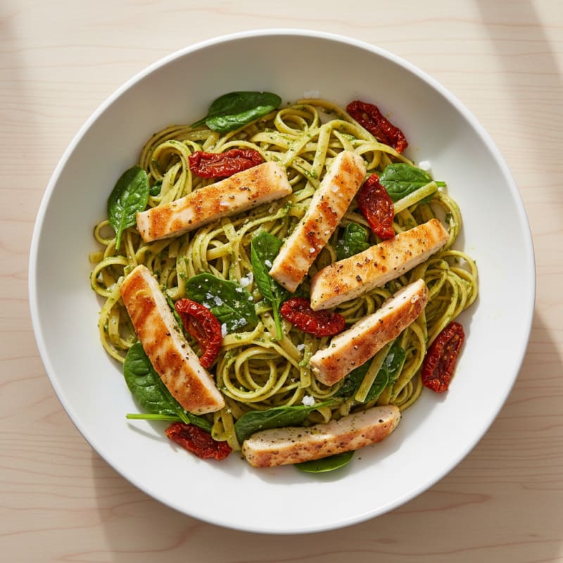 Pesto Chicken Linguine with Sun-Dried Tomatoes