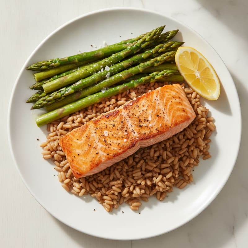 Seared Salmon with Steamed Asparagus and Brown Rice