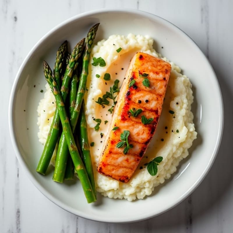 Seared Salmon with Steamed Asparagus and Cauliflower Mash