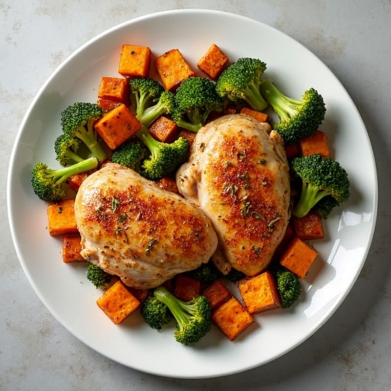 Garlic Herb Crispy Sheet Pan Chicken Thighs with Roasted Sweet Potatoes and Broccoli