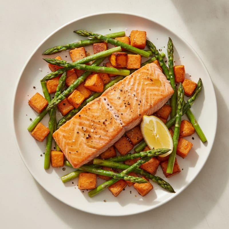 Seared Salmon with Roasted Sweet Potatoes and Asparagus