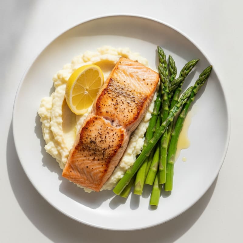 Seared Salmon Filet with Steamed Asparagus and Garlic Cauliflower Mash