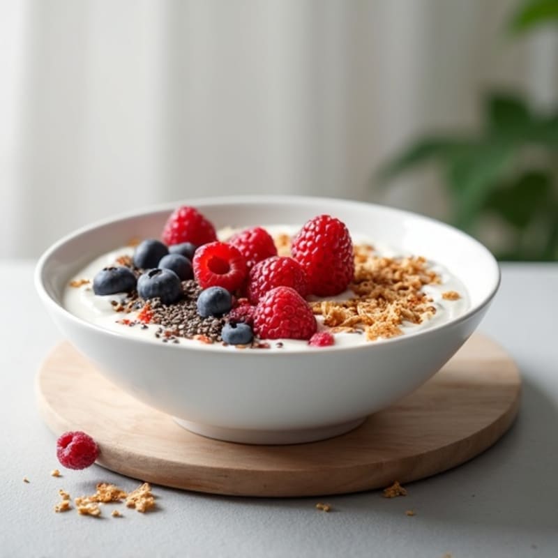 High-Protein Creamy Greek Yogurt Bowl with Mixed Berries and Crunchy Bran