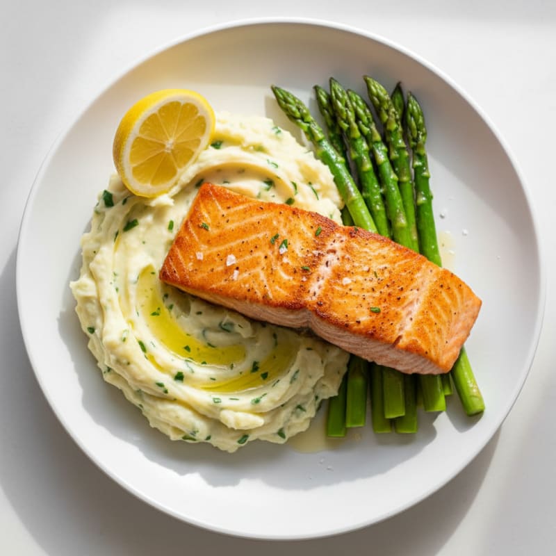 Seared Salmon with Steamed Asparagus and Garlic Mashed Potatoes
