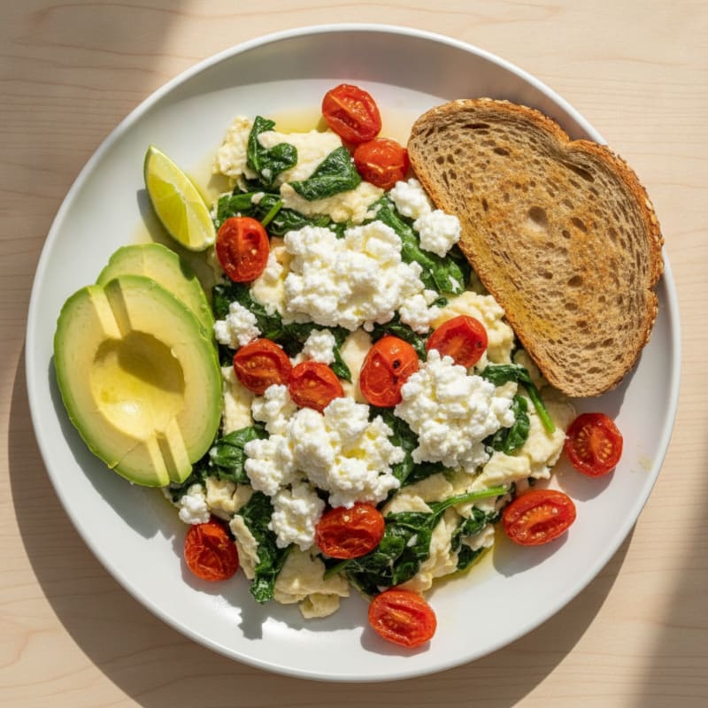 Egg White and Spinach Scramble with Cottage Cheese and Cherry Tomatoes
