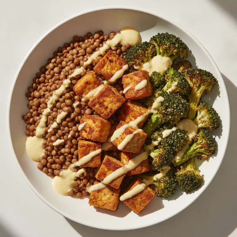 Lentil Tempeh Power Bowl with Roasted Broccoli and Tahini Drizzle