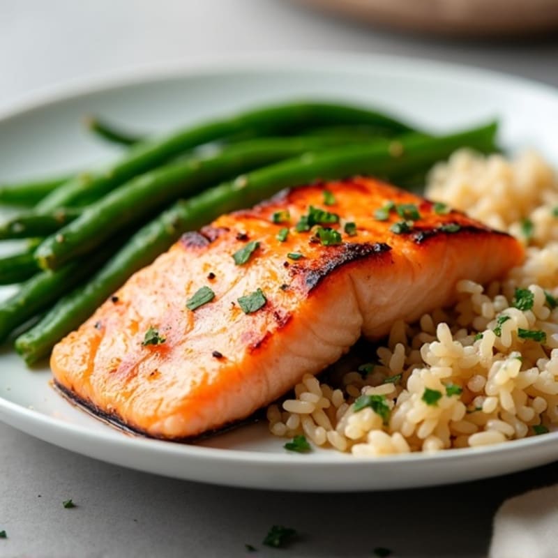 Seared Salmon with Garlic Green Beans and Brown Rice
