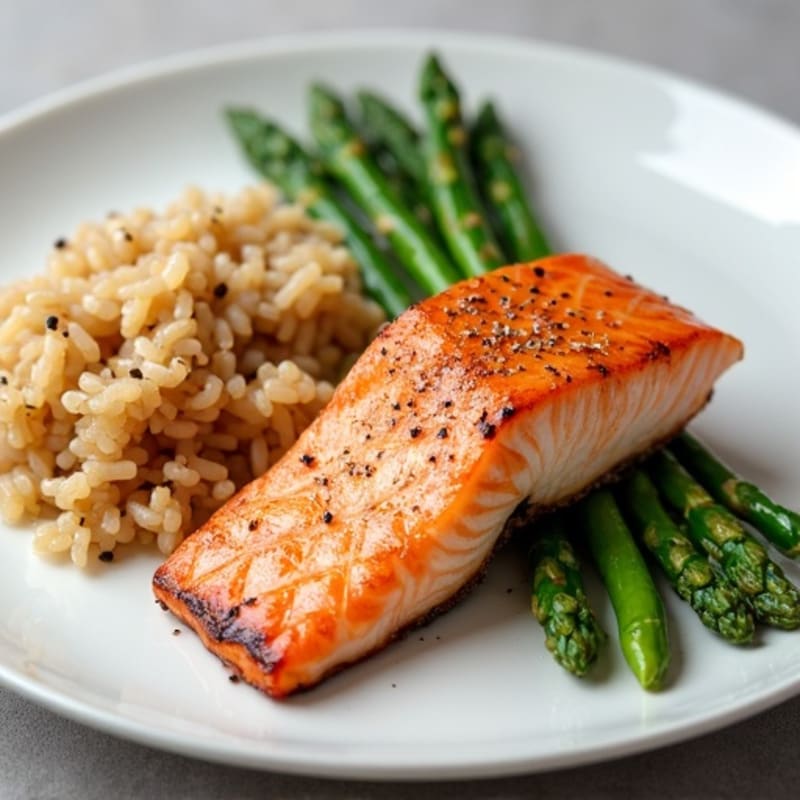 Seared Salmon Filet with Steamed Asparagus and Brown Rice