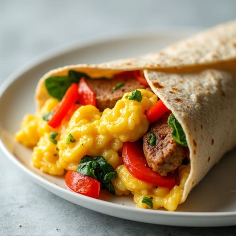 Hearty Scrambled Eggs with Lean Turkey Sausage and Fresh Veggies Breakfast Burrito
