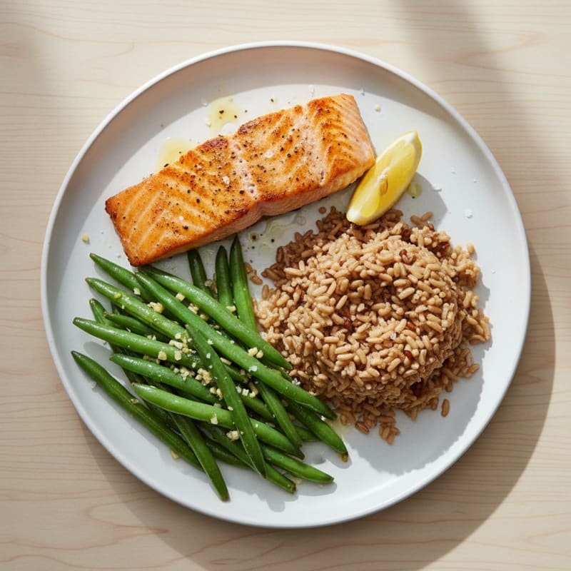 Seared Salmon with Garlic Green Beans and Brown Rice