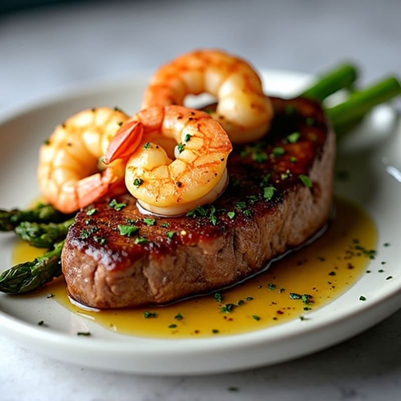 Pan-Seared Steak and Juicy Garlic Shrimp with Roasted Asparagus