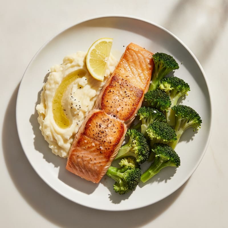 Seared Salmon with Steamed Broccoli and Garlic Mashed Potatoes