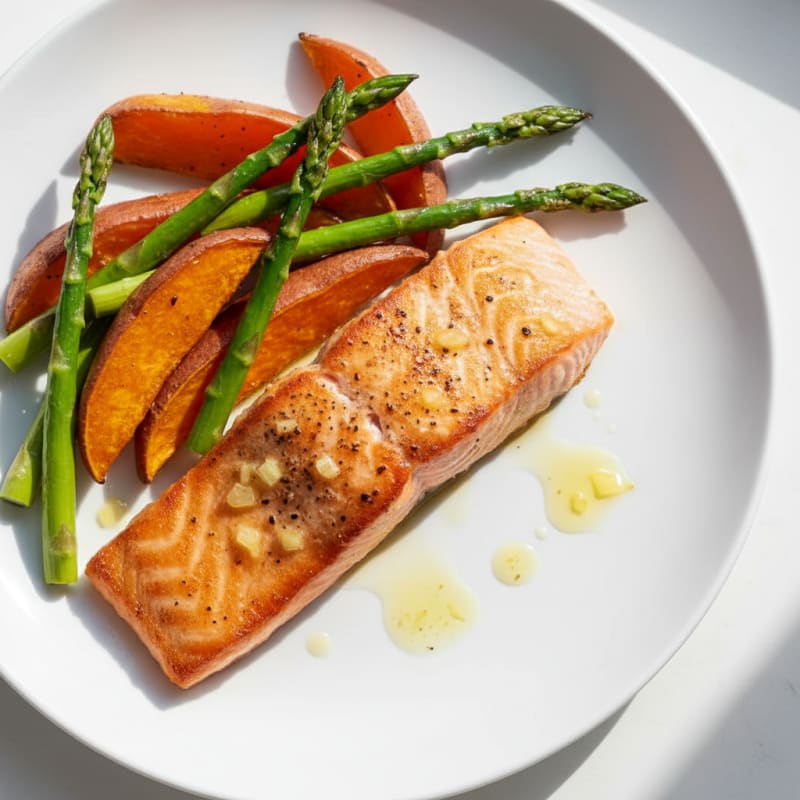 Seared Salmon with Roasted Sweet Potato and Asparagus