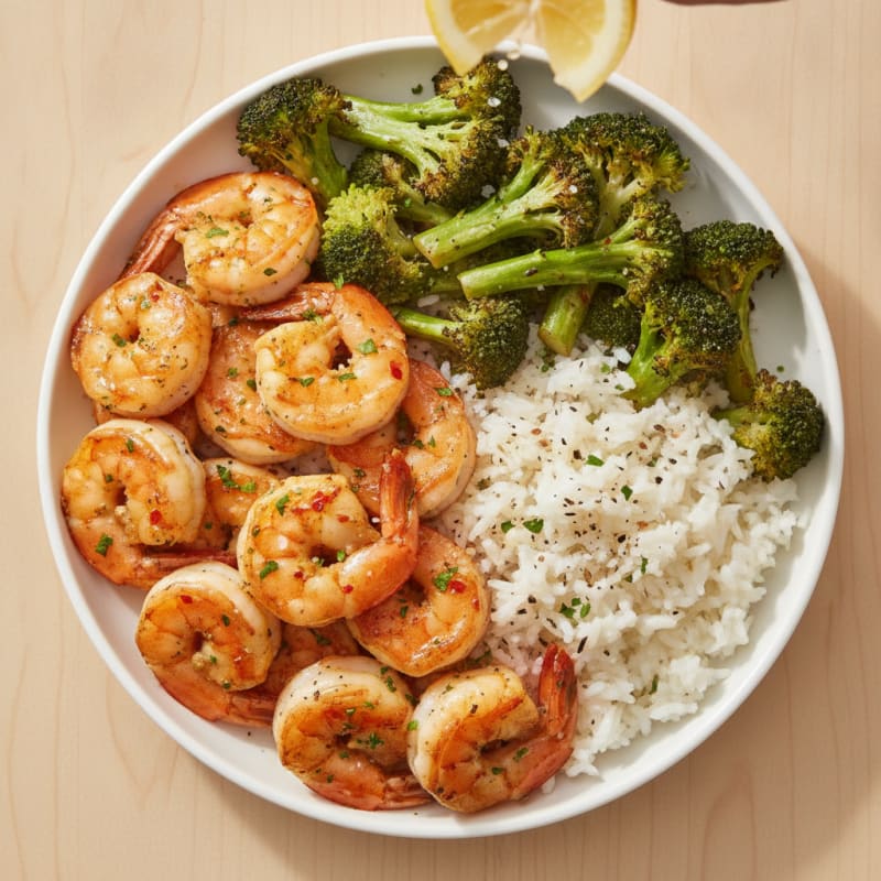 Garlic Shrimp with Roasted Broccoli and Jasmine Rice