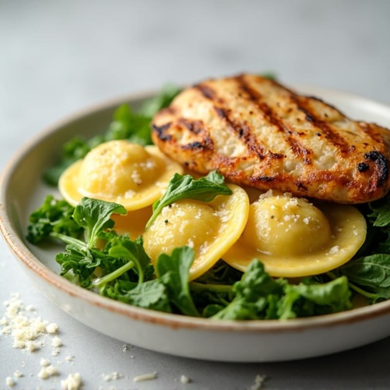 Whole Wheat Spinach Ravioli with Lemon-Garlic Sauce and Fresh Greens (with Grilled Chicken)