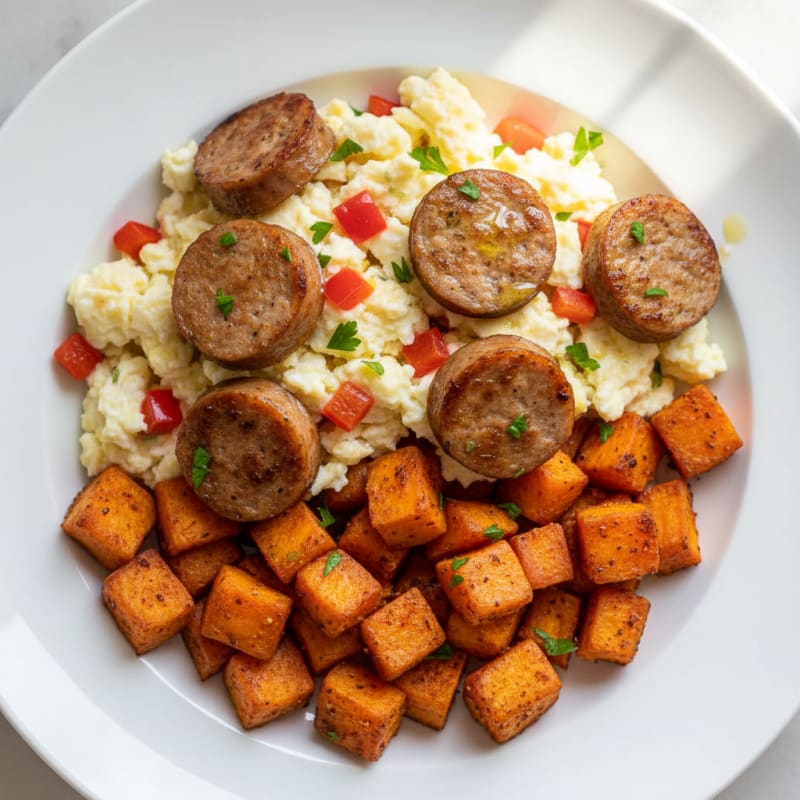 Egg White Scramble with Turkey Sausage and Roasted Sweet Potatoes