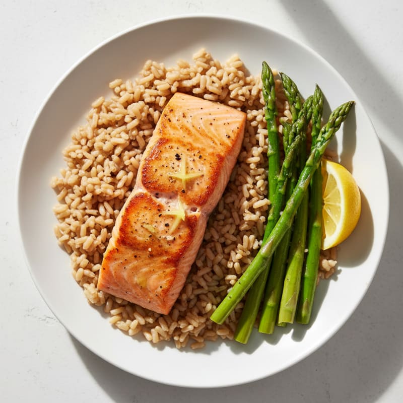 Seared Salmon with Steamed Asparagus and Brown Rice