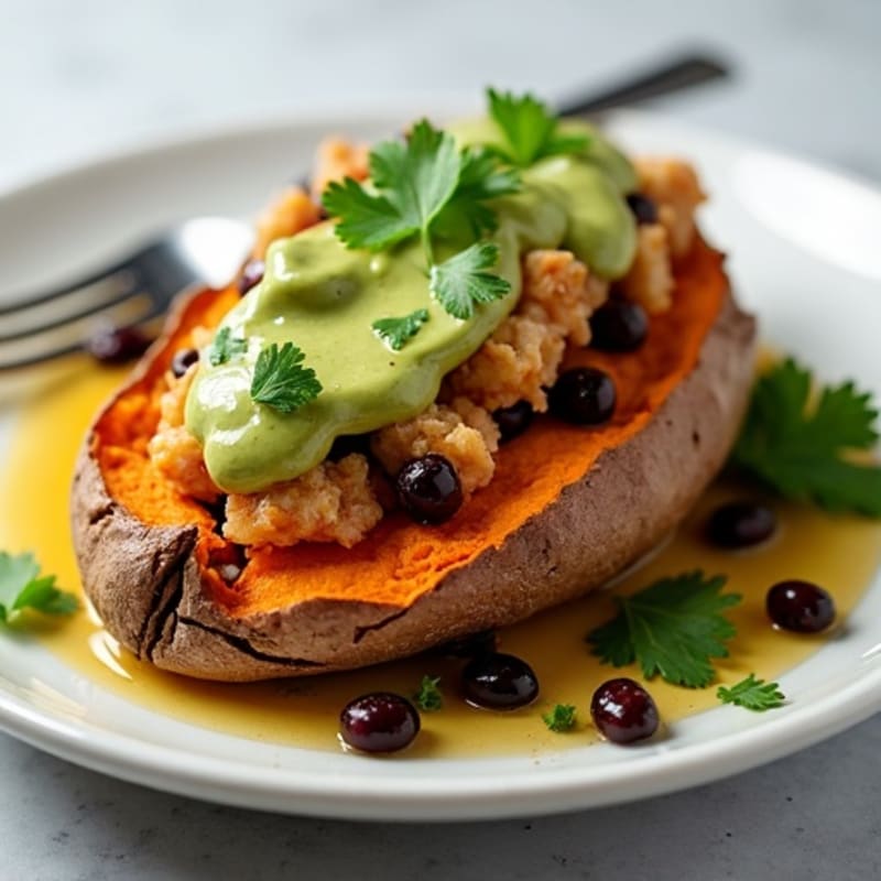 Spicy Chicken and Black Bean Stuffed Sweet Potatoes with Creamy Avocado Drizzle
