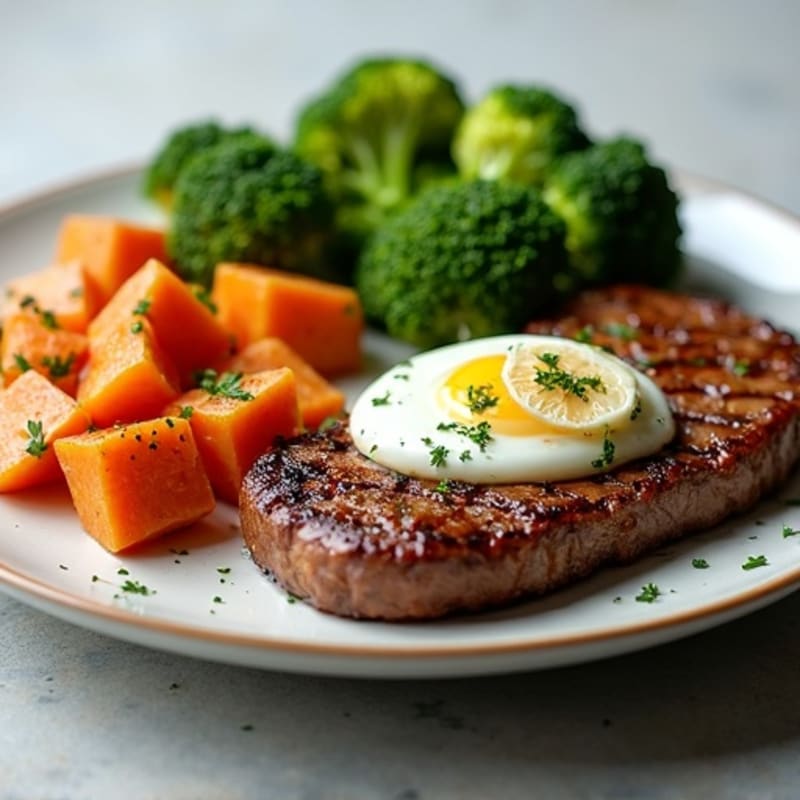 Seared Steak with Herb-Roasted Sweet Potato and Steamed Broccoli