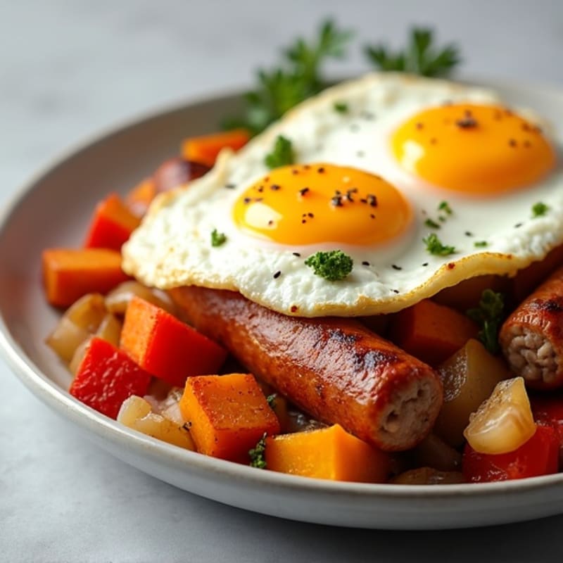 Chicken Sausage and Crispy Sweet Potato Hash with Fluffy Eggs
