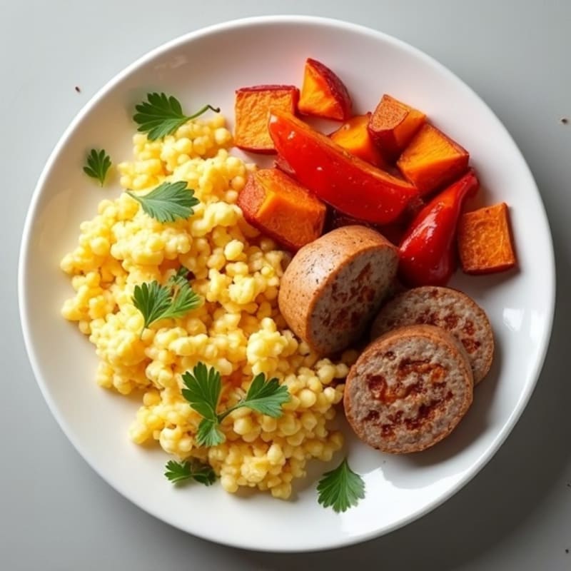 Egg White Scramble with Turkey Sausage and Roasted Sweet Potatoes