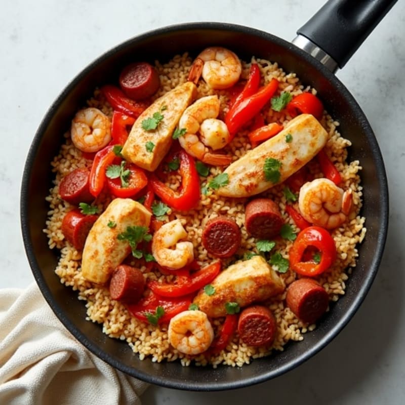 Hearty Spicy Chicken, Shrimp, and Sausage Skillet with Bell Peppers and Rice