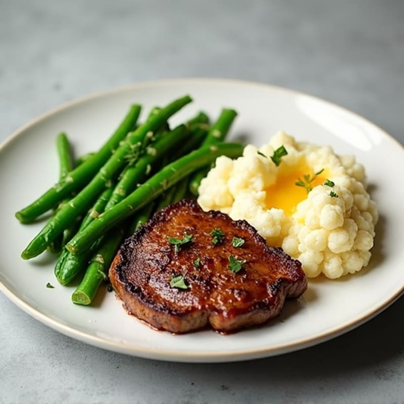 Seared Lean Beef with Steamed Green Beans and Mashed Cauliflower