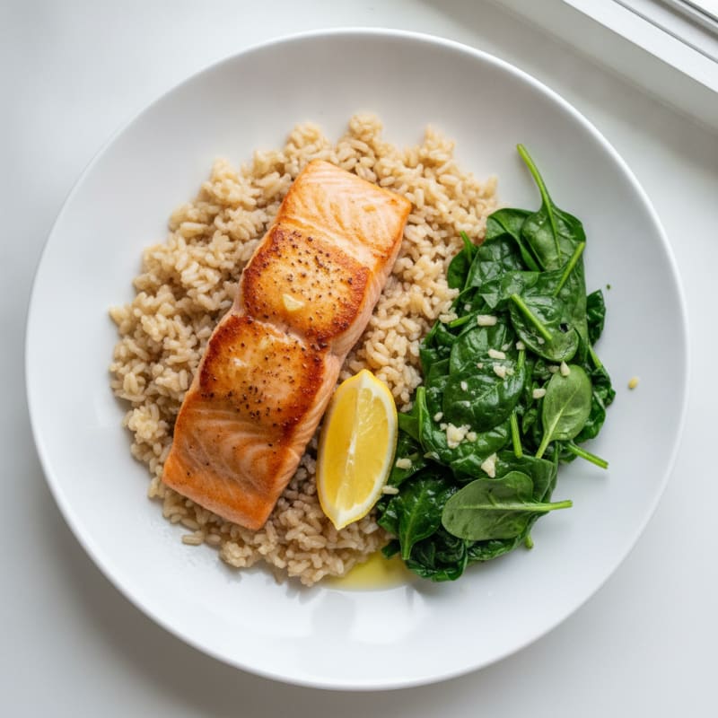 Seared Salmon Fillet with Garlic Spinach and Brown Rice