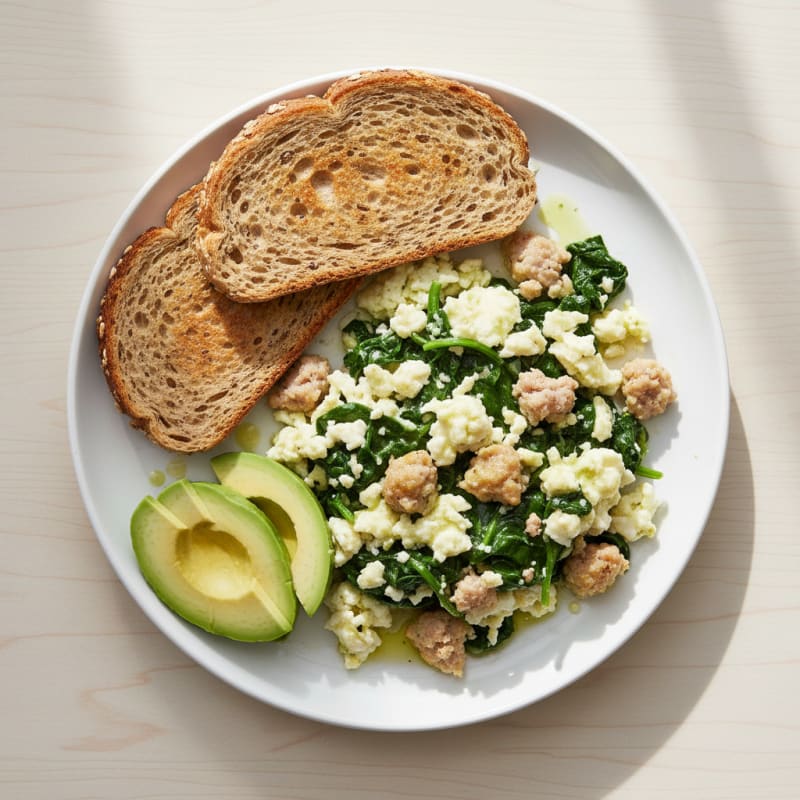 Egg White and Turkey Sausage Scramble with Sautéed Spinach