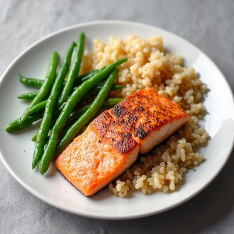 Seared Salmon Fillet with Garlic Green Beans and Brown Rice