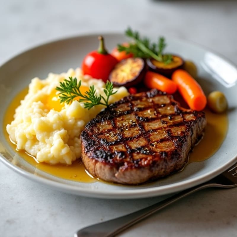Seared Steak with Roasted Vegetables and Cheesy Mashed Potatoes