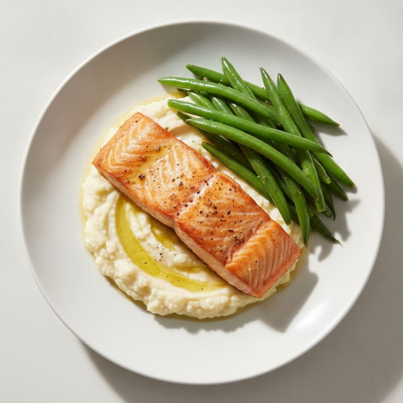 Seared Salmon Fillet with Steamed Green Beans and Garlic Mashed Cauliflower