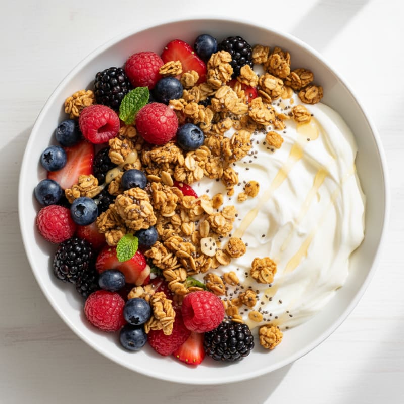 Silky Greek Yogurt Bowl with Mixed Berries and Protein Granola