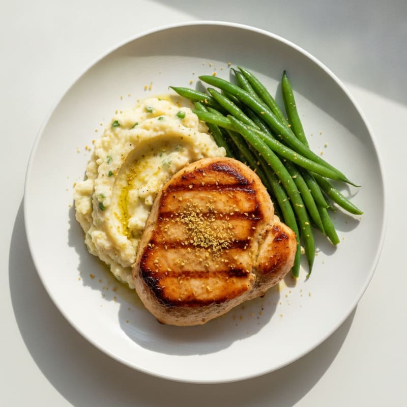 Seared Turkey Breast with Steamed Green Beans and Cauliflower Mash
