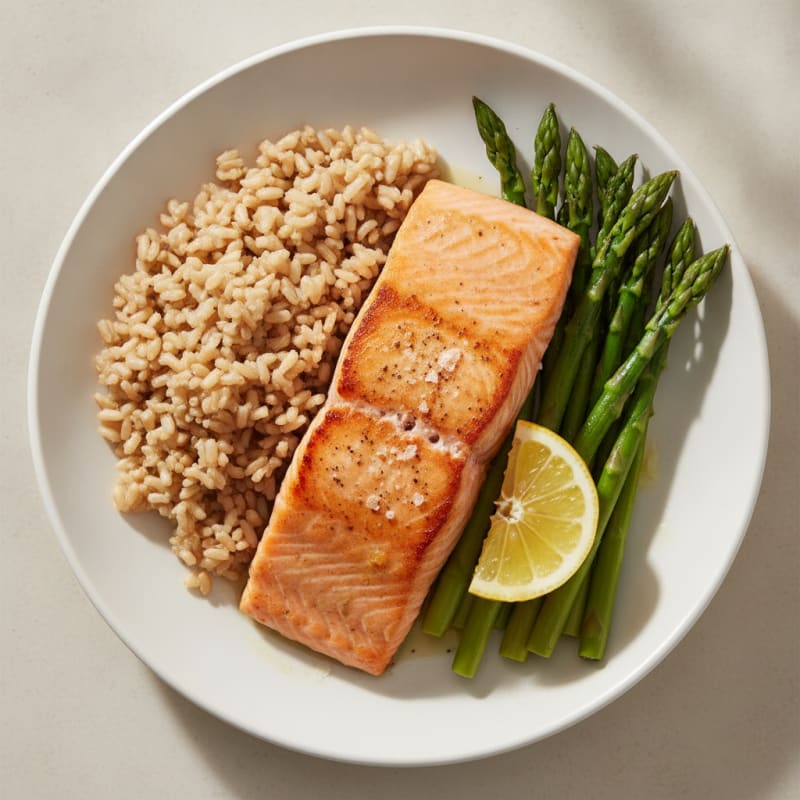 Seared Salmon Fillet with Steamed Asparagus and Brown Rice