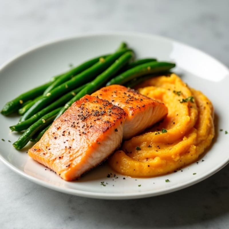 Seared Salmon with Steamed Green Beans and Mashed Sweet Potato