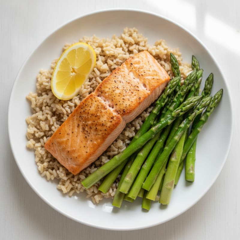 Seared Salmon with Steamed Asparagus and Brown Rice