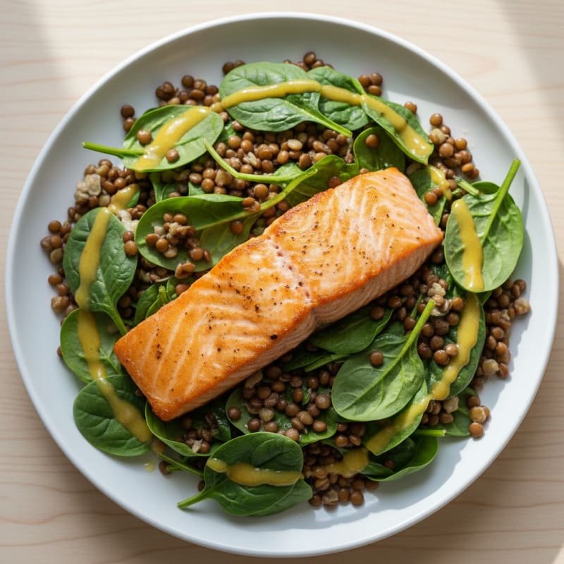 Seared Salmon Fillet with Lentil and Spinach Salad